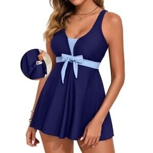 Dokotoo 2 Piece Slimming Tankini Size Medium Swimsuit Tie Knot Swin Dress Blue